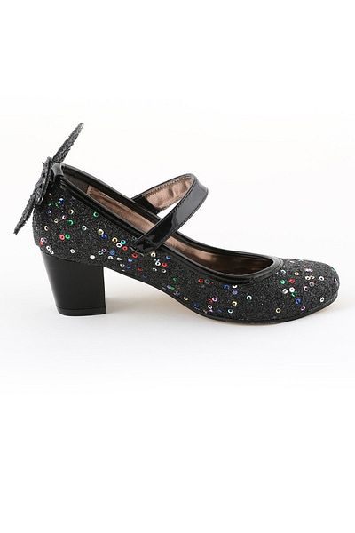 bunnyonthego Pantofi pentru fete cu toc de culoare neagră, cu fluture brodat cu piatră spartă