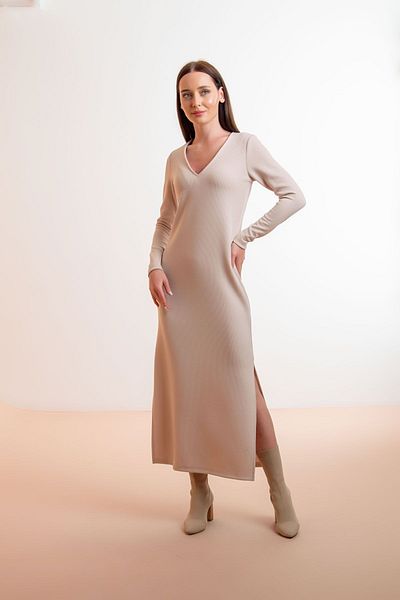 Laranor V-Neck Beige Camisole Dress - Slit Detail