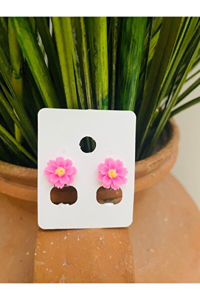 1PARÇAMAVİ Pembe Çiçek Gümüş Kaplama Klipsli Kız Çocuk Küpesi- Deliksiz Kulak