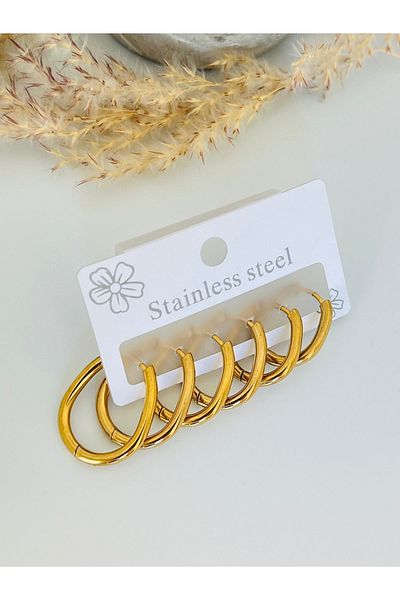 KOALA COMPANY Set of 3 Steel Gold Colored Ovak Earrings - 3 Sizes, Not Allergic