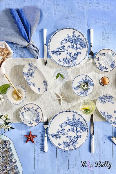 Miss Betty 22 Pieces Blue Life Breakfast Set for 6 Porcelain New