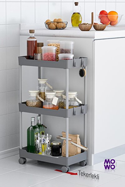 Mowo Home Mowo 3 Katlı Gri Tekerlekli Banyo Rafı, Mutfak Rafı, Havluluk, Deterjanlık Makyaj Organizer Vesken