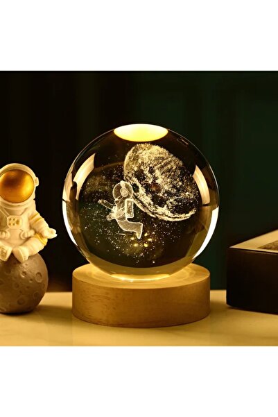 Kristal Cam Küre LED Işıklı USB Ahşap Tabanlı 3D