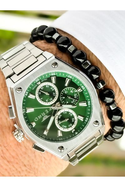 FERRO Men's Silver Wristwatch - Functions Active, Bracelet Rosary New Collection