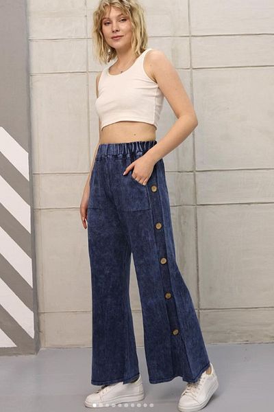 AYASOFYA OTANTIK Navy Blue Women's Knitwear Trousers - Side Button Detail, Pocket, Vintage Wide Leg, Loose Cotton