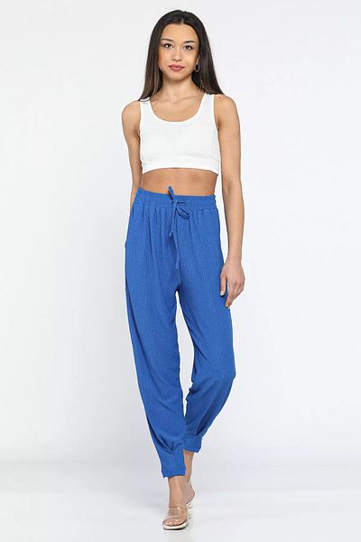 GÜLSELİ Pantaloni de damă Saks Blue - șireturi în talie și picior plisat