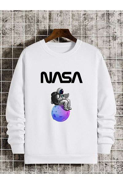 LecaTTe Nasa Printed White Oversize Sweatshirt