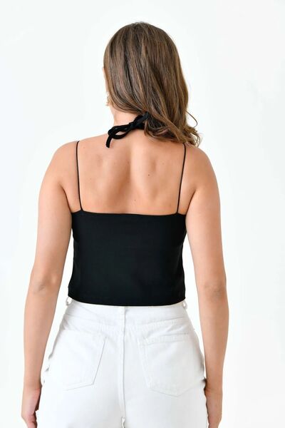 Secret Passion Lingerie Women's Crepe Fabric Neck Tie Detailed Strappy Black Cropped Blouse 582455