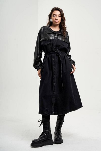 MONETA ANİTA Special Series Leather Garni/jean Trench Coat Oversize (2 SIZE REDUCER?GIFT?Nİ?Z)