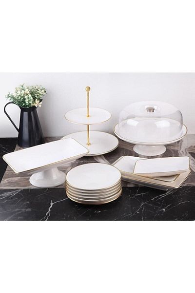 GÖNÜL 13 Piece White Gold Cake Service Presentation Set