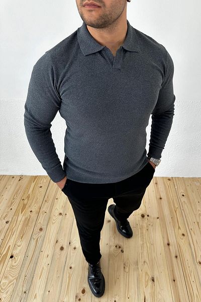 VİP LOKAL Polo Neck Slim Fit Anthracite Knitwear Sweater
