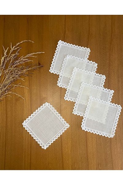 Smiling Home 6 Pieces Linen Linen Ecru Color Square Laced Etamine Suitable for Processing Cocktail Presentation Napkin