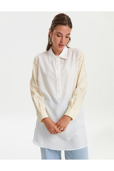 Vivencia Yellow Striped Floral Patterned Optical White Tunic