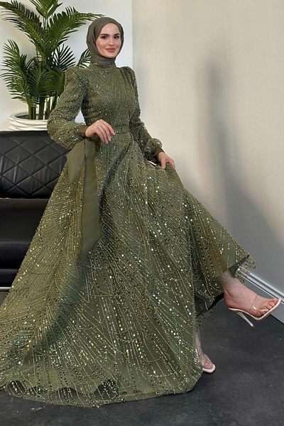 MERVEN AKYÜZ Khaki Vittoria Evening Dress - Bow Bead Embroidered Sleeve