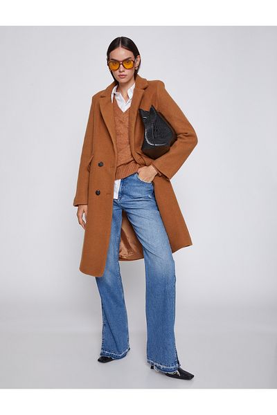 Koton Wide Collar Coat Button Detailed Pocket