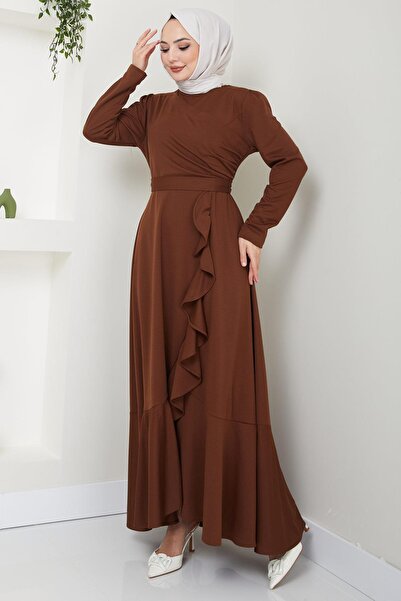 hafsamina Φόρεμα με βολάν στρίφωμα καφέ HM2419