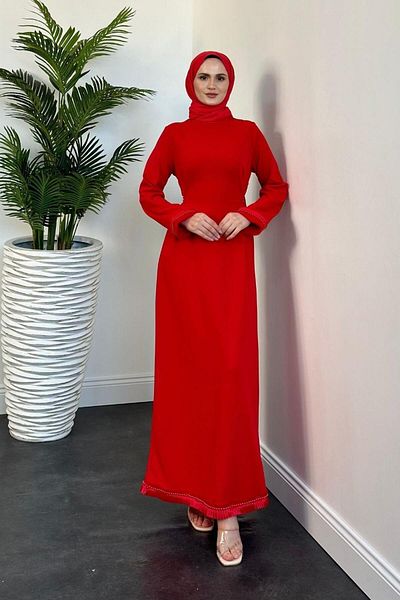 MERVEN AKYÜZ Jawel Red Pearl Studded Evening Dress - with Skirt, Belt and Cuff Detail