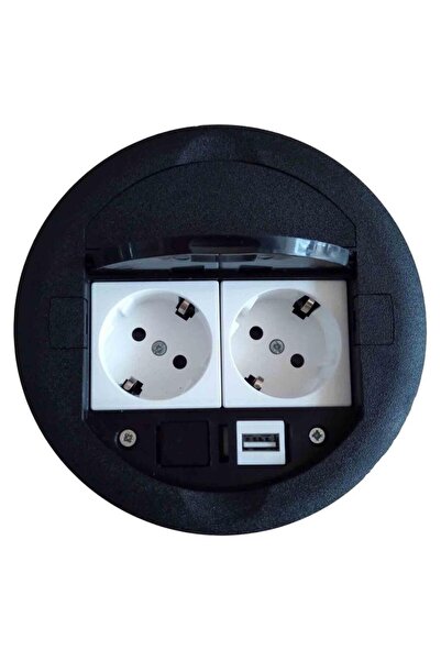 YKA Masa Üstü Priz Kutusu Gömme Tip Siyah + 2 Ad. Priz + 1 Ad. USB Geçiş