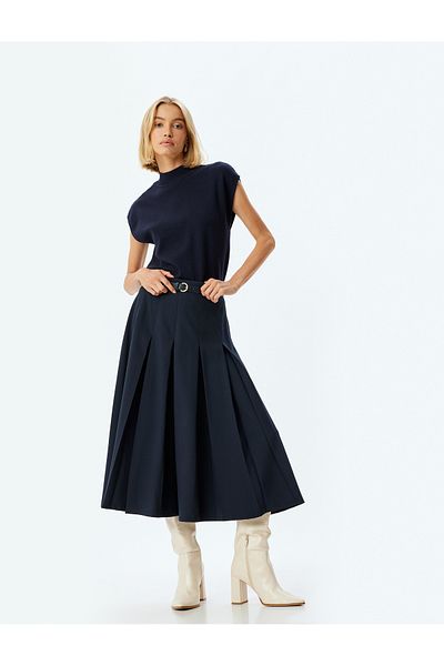 Koton High Waist Belted Long Pleated Skirt