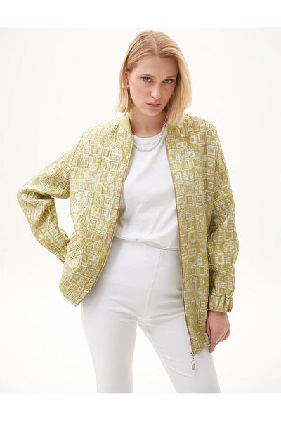 Kayra Jachetă Jacquard verde fistic cu fermoar