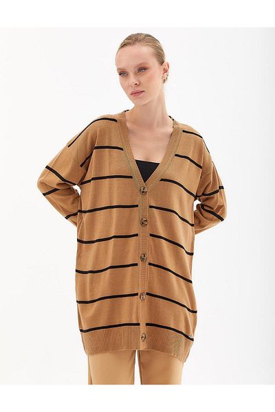 Kayra Beige Black Striped Knitwear Cardigan