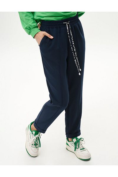 Kayra Dark Navy Blue Lace-Up Elastic Waist Trousers