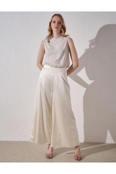 Kayra Ecru Crepe Satin Classic Trousers