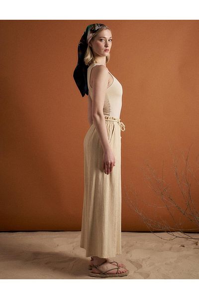 Kayra Cream Colored Wide Leg and Waist Lace-up Trousers