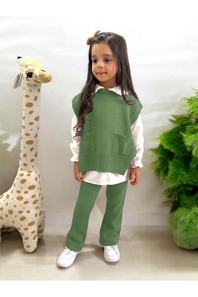 Minigimin Cicileri Green Knitwear Girl's Set - My Little Baby's Flowers, 3-Piece Tie-Up