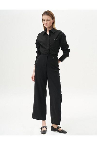 Kayra Black Wide Leg Basic Crepe Trousers