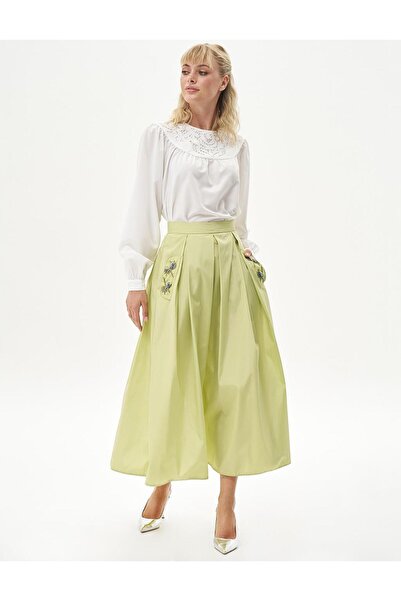 Kayra Pistachio Green Pleated Bead Embroidered Skirt
