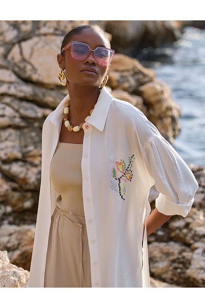 Kayra Optical White Full Size Tunic - Wafer Embroidered