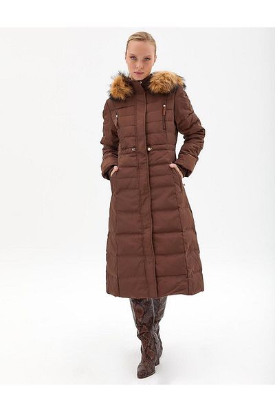 Kayra Goose Feather Filled Long Coat Brown