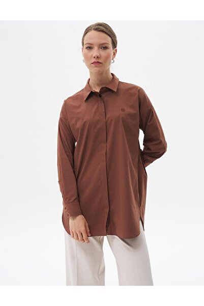 Kayra Τούνικ με πέτο πουκάμισο Basic Poplin σε σκούρο καφέ χρώμα