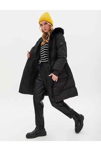 Kayra Faux Fur Fabric Garnished Goose Feather Coat Black