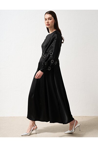 Kayra Black Satin Dress - Embroidered Sleeves