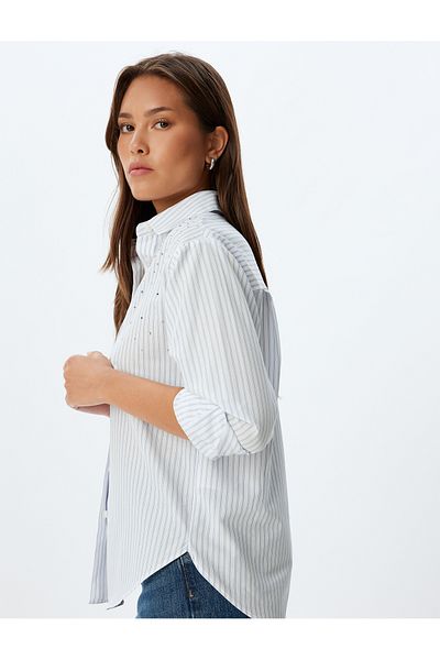 Koton Poplin Stone Detailed - Long Sleeve Classic Collar Shirt