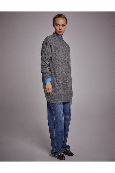 Kayra Pompom Half Turtleneck Tunic Gray