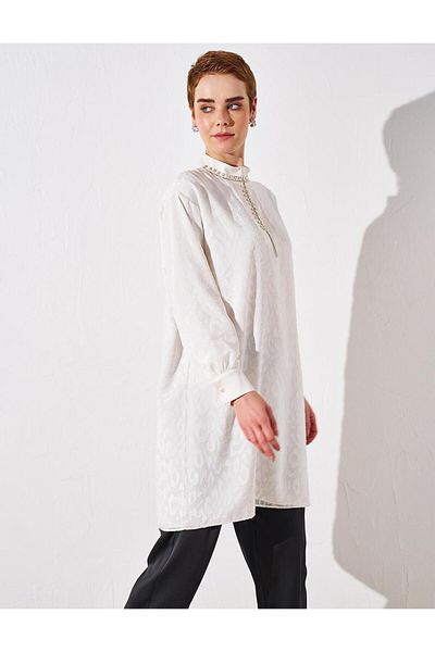 Kayra Satin Mixed Judge Collar Tunic Ecru
