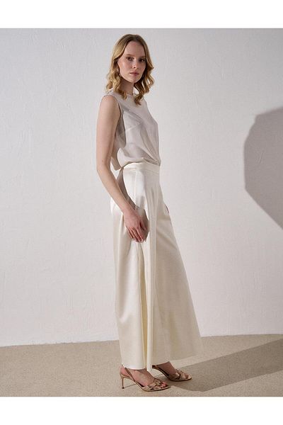 Kayra Ecru Crepe Satin Classic Trousers