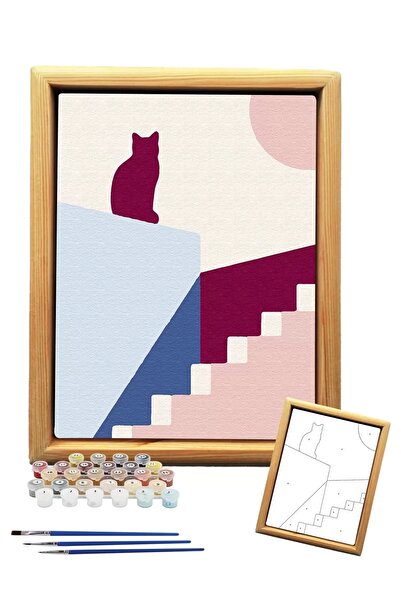 Tabdiko Sayılarla Minimalist Ahşap Çerçeveli Tablo Setleri 21 x 27 cm Tuval Şasesine Gerili Kedi