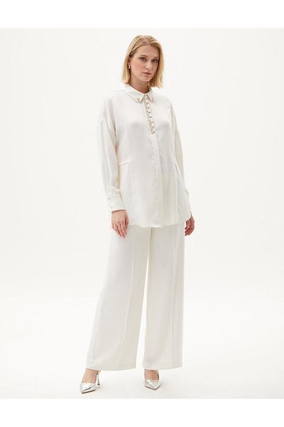 Kayra Ecru Satin Tunic - Patı Embroidered