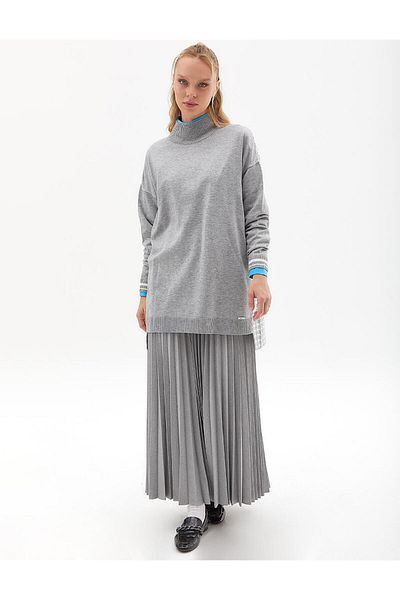 Kayra Houndstooth Patterned Knitwear Tunic Gray