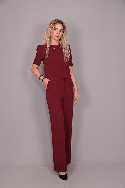 ÖNDER ÖZSOY Kayık Yaka Kısa Kol Bluz & Duble Paça Yüksek Bel Pantolon Takım-Bordo