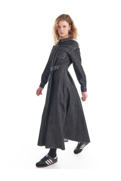 Kayra Rochie din denim neagră - buzunare duble și cusături contrastante
