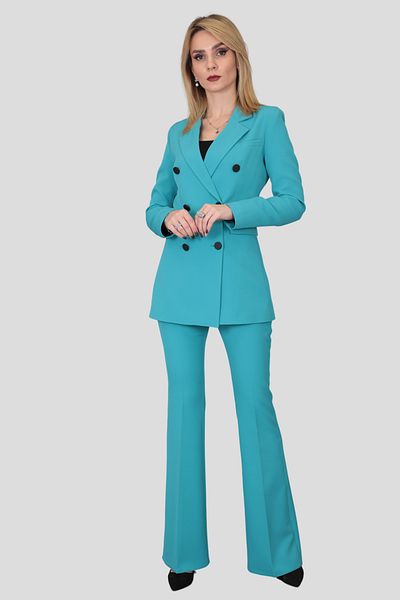 ÖNDER ÖZSOY Blazer Jacket & Flared Leg Trousers Set-turquoise