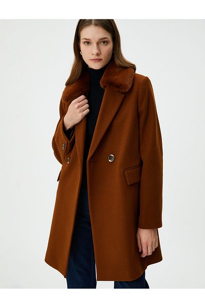Koton Oversize Coat Double Breasted Buttoned Pockets Removable Faux Fur