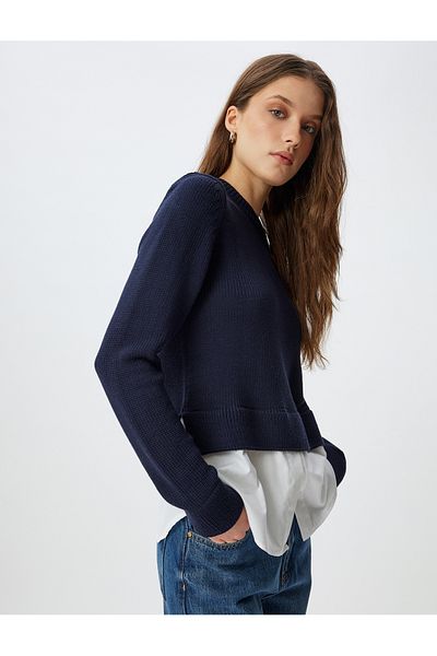 Koton Pletený svetr Detail lemu košile Crew Neck Dlouhý rukáv