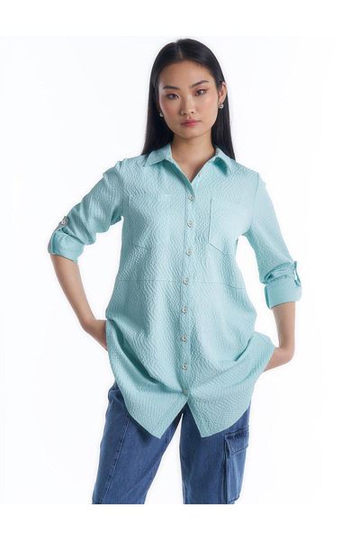 Kayra Nile Green Tunic - Shirt Collar and Pocket Detail