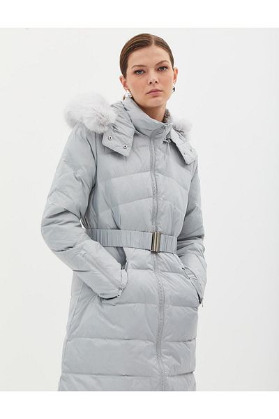 Kayra Removable Hooded Goose Feather Coat Light Gray